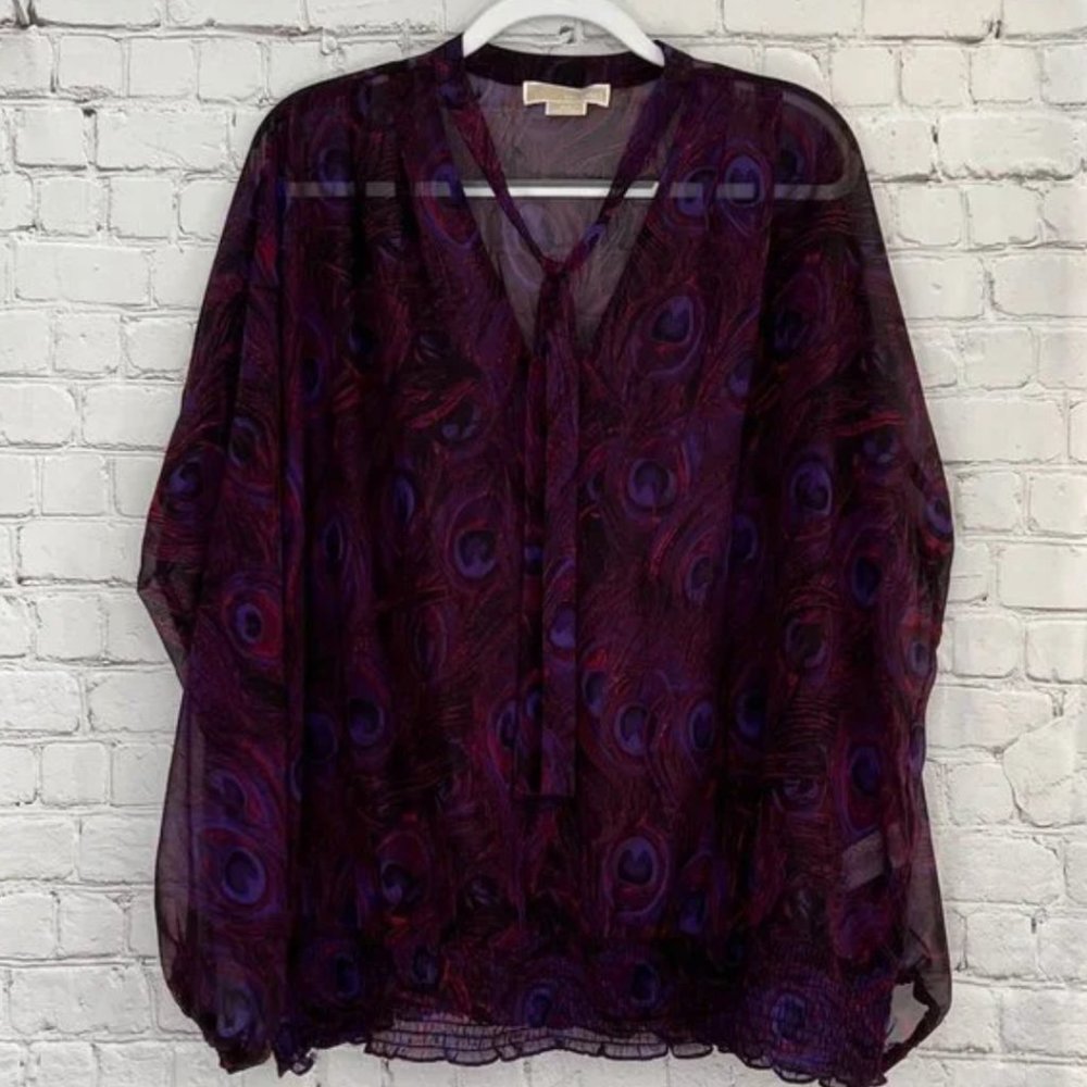 Michael Michael Kors Peacock Feathers Print Sheer Blouse- Plus Size